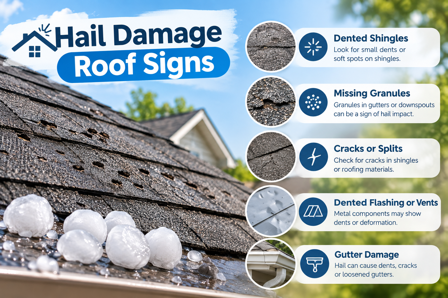 Hail damage roof signs shown with cracked shingles and hail-covered roof surface.