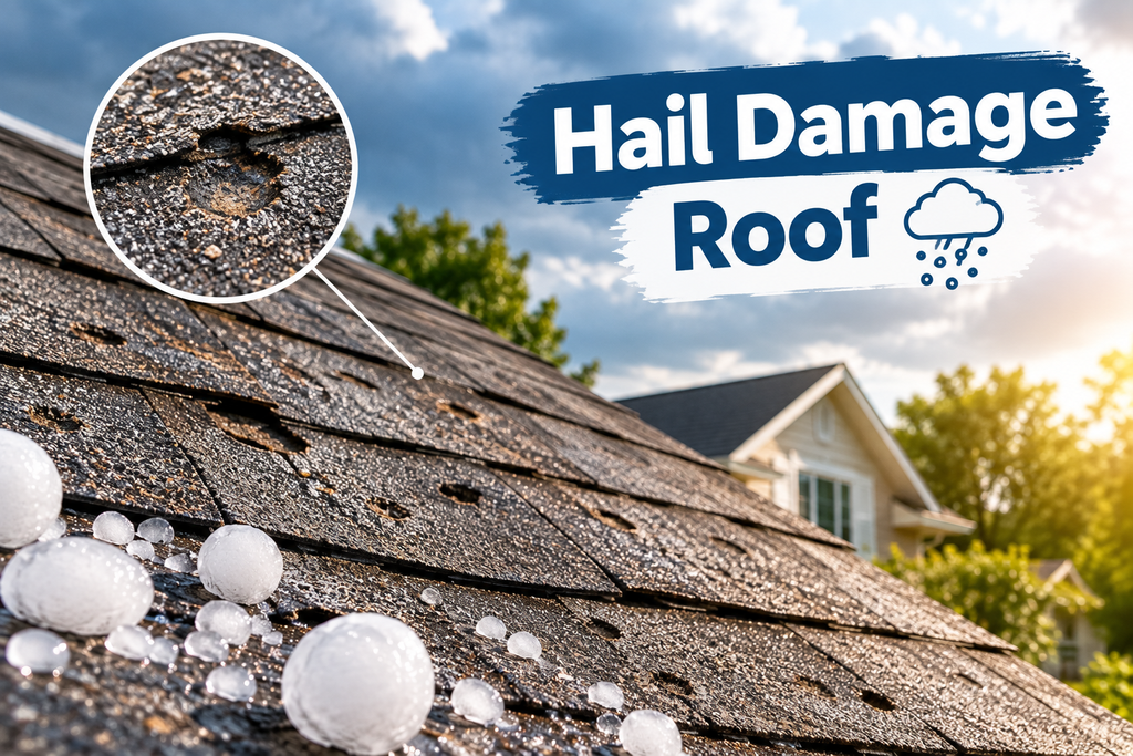 Close-up of hail damage roof signs on ice-covered shingle roof against sunny home.